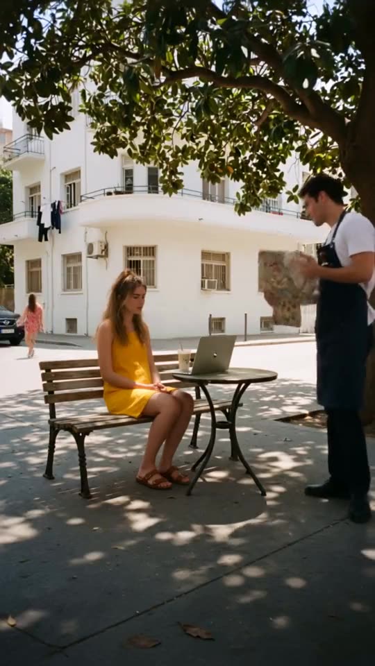 Still from a Chairside story: a barista and a customer with iced coffee outside a cafe