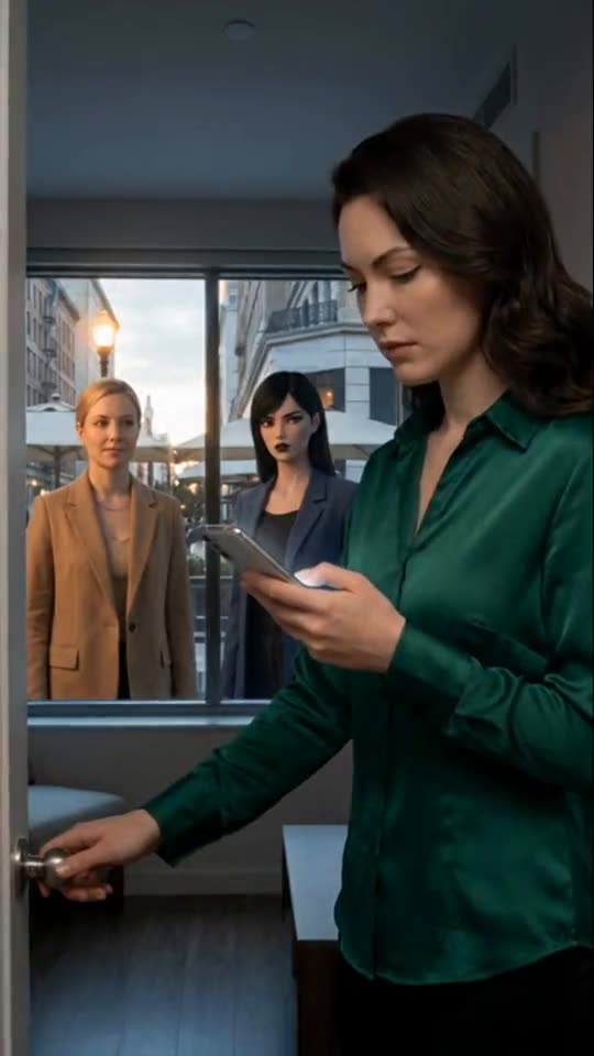 Still from a Chairside story: an AI presenter checks her phone at the door