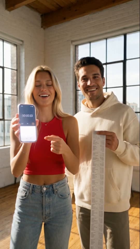 Reel still: two people in a bright studio